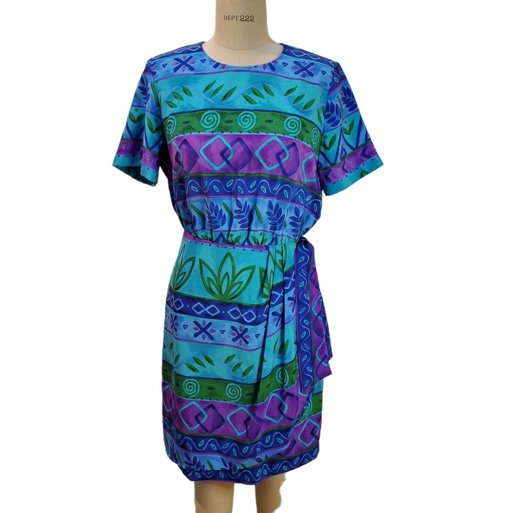 Sag Harbor Womens Vintage 90s Teal Purple Geometric Print Faux Wrap Dress Size 6
